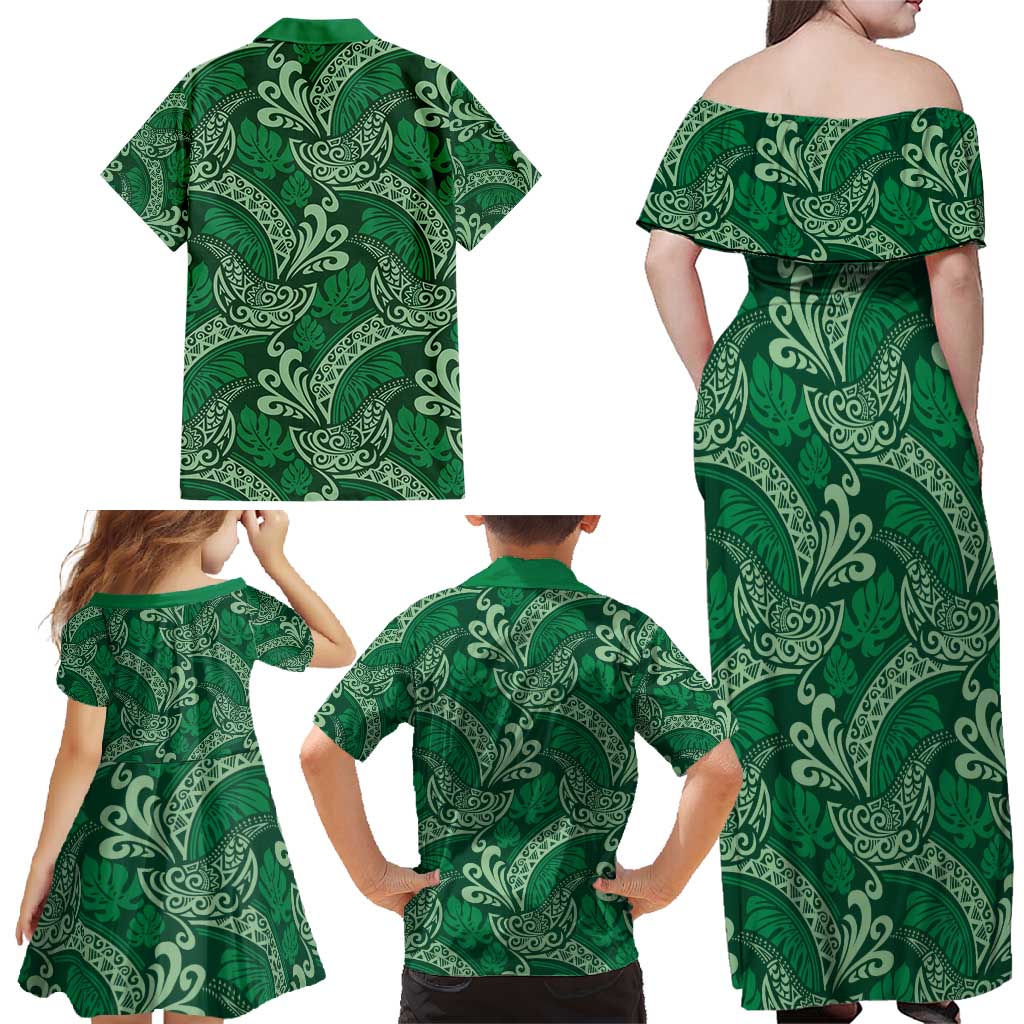 Forest Green Monstera Family Matching Off Shoulder Maxi Dress and Hawaiian Shirt Polynesian Tribal Pattern - Polynesian Pride