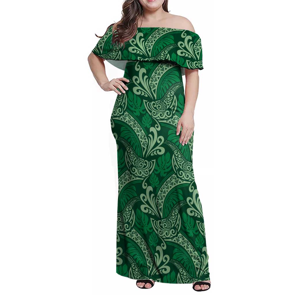 Forest Green Monstera Family Matching Off Shoulder Maxi Dress and Hawaiian Shirt Polynesian Tribal Pattern - Polynesian Pride