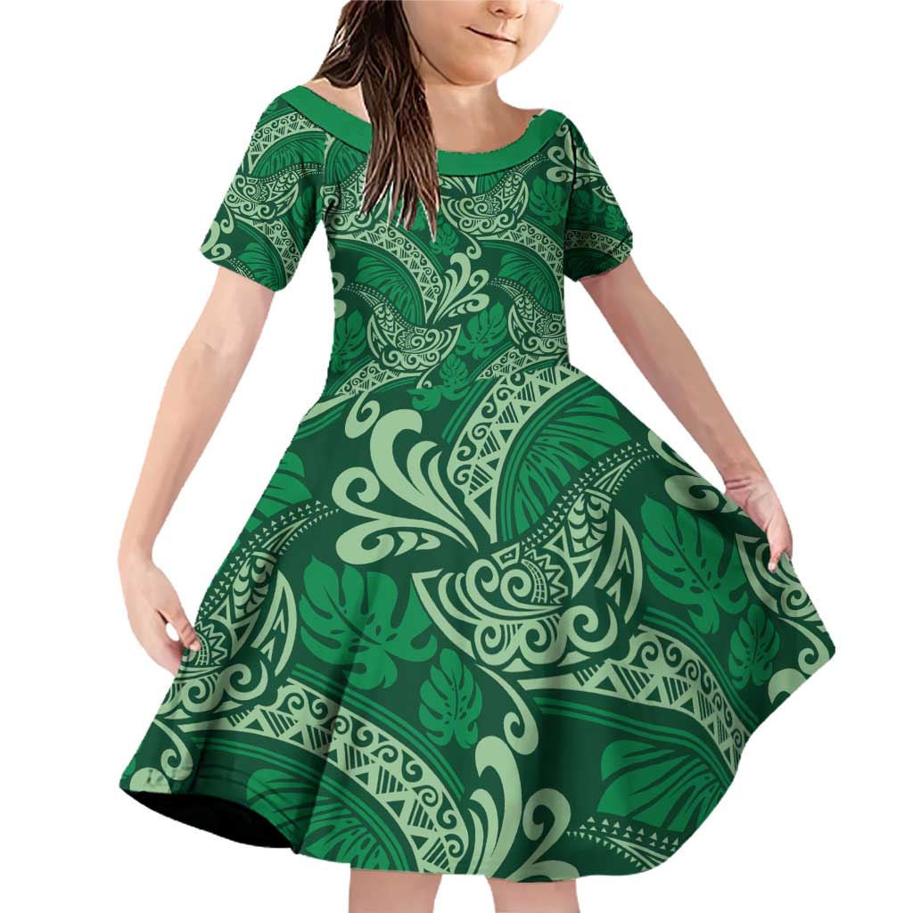 Forest Green Monstera Family Matching Off Shoulder Short Dress and Hawaiian Shirt Polynesian Tribal Pattern - Polynesian Pride