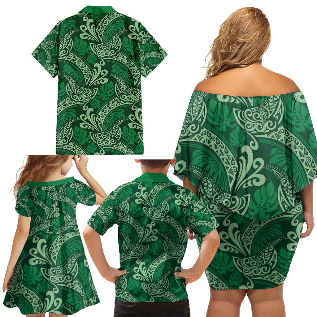 Forest Green Monstera Family Matching Off Shoulder Short Dress and Hawaiian Shirt Polynesian Tribal Pattern - Polynesian Pride