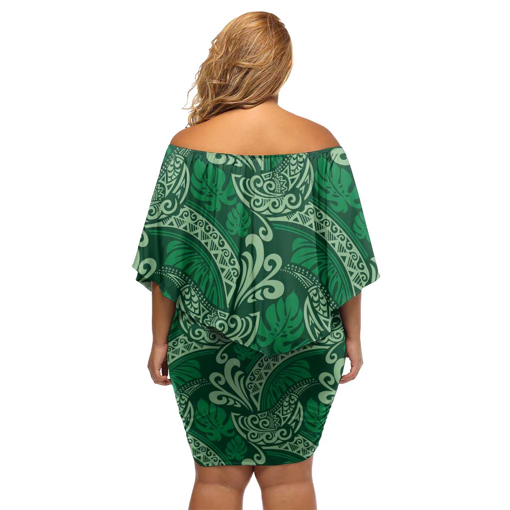 Forest Green Monstera Family Matching Off Shoulder Short Dress and Hawaiian Shirt Polynesian Tribal Pattern - Polynesian Pride