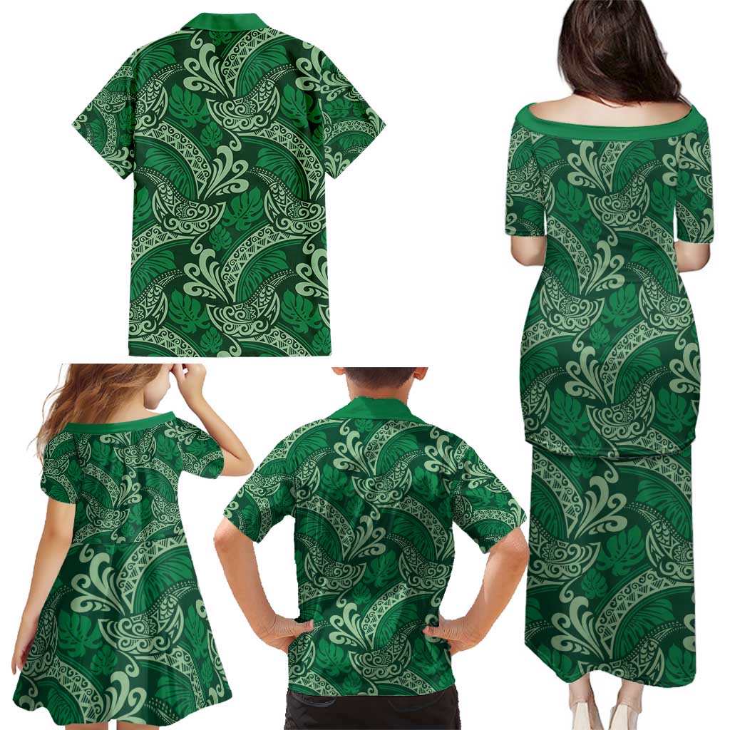 Forest Green Monstera Family Matching Puletasi and Hawaiian Shirt Polynesian Tribal Pattern - Polynesian Pride