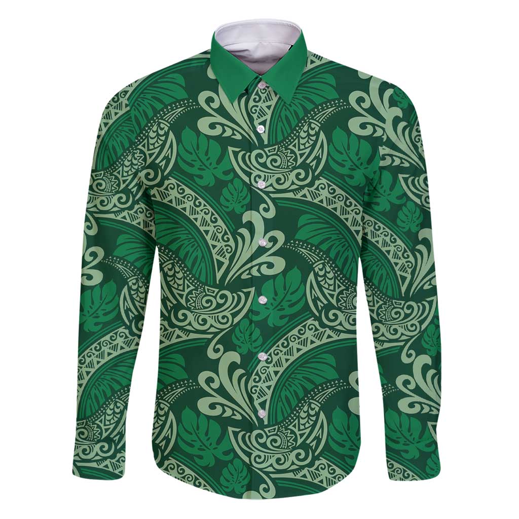 Forest Green Monstera Family Matching Puletasi and Hawaiian Shirt Polynesian Tribal Pattern - Polynesian Pride