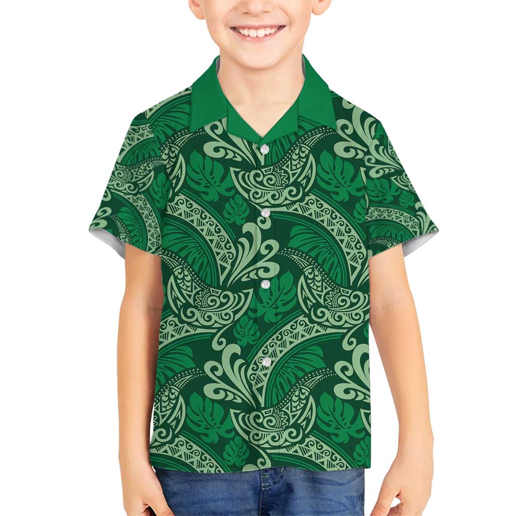 Forest Green Monstera Family Matching Puletasi and Hawaiian Shirt Polynesian Tribal Pattern - Polynesian Pride