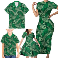 Forest Green Monstera Family Matching Short Sleeve Bodycon Dress and Hawaiian Shirt Polynesian Tribal Pattern - Polynesian Pride