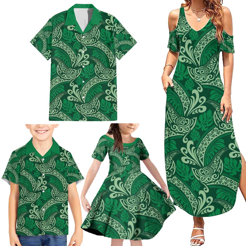 Forest Green Monstera Family Matching Summer Maxi Dress and Hawaiian Shirt Polynesian Tribal Pattern - Polynesian Pride