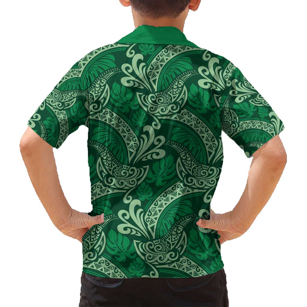 Forest Green Monstera Family Matching Tank Maxi Dress and Hawaiian Shirt Polynesian Tribal Pattern - Polynesian Pride