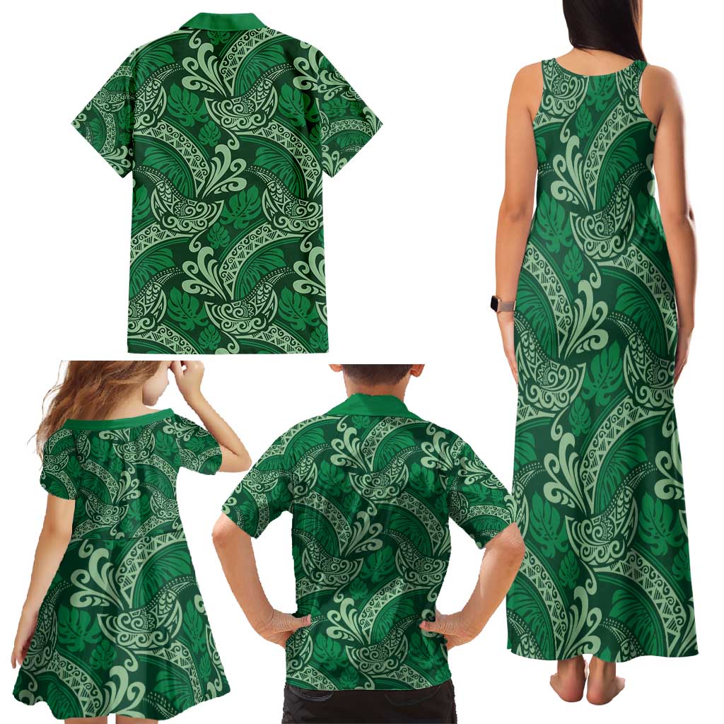 Forest Green Monstera Family Matching Tank Maxi Dress and Hawaiian Shirt Polynesian Tribal Pattern - Polynesian Pride