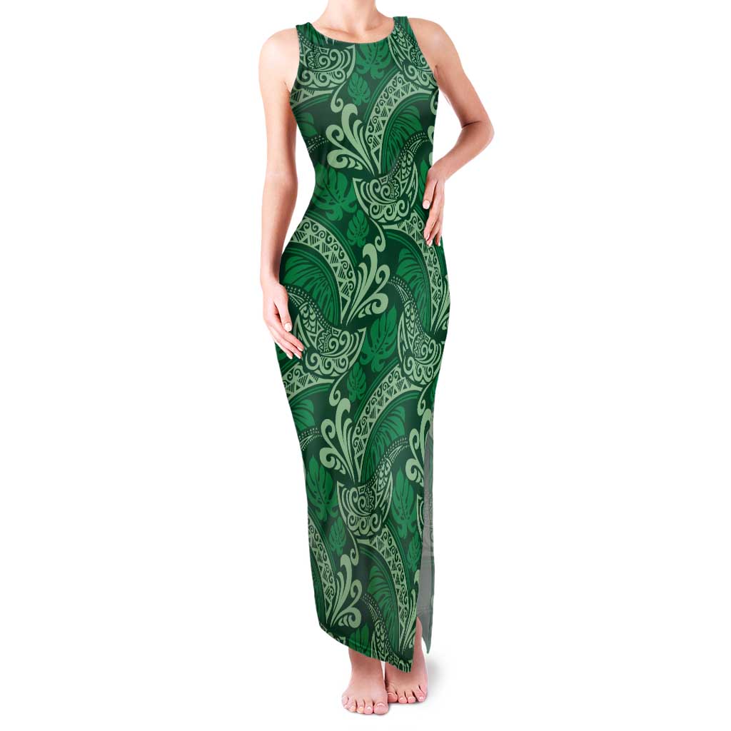 Forest Green Monstera Family Matching Tank Maxi Dress and Hawaiian Shirt Polynesian Tribal Pattern - Polynesian Pride