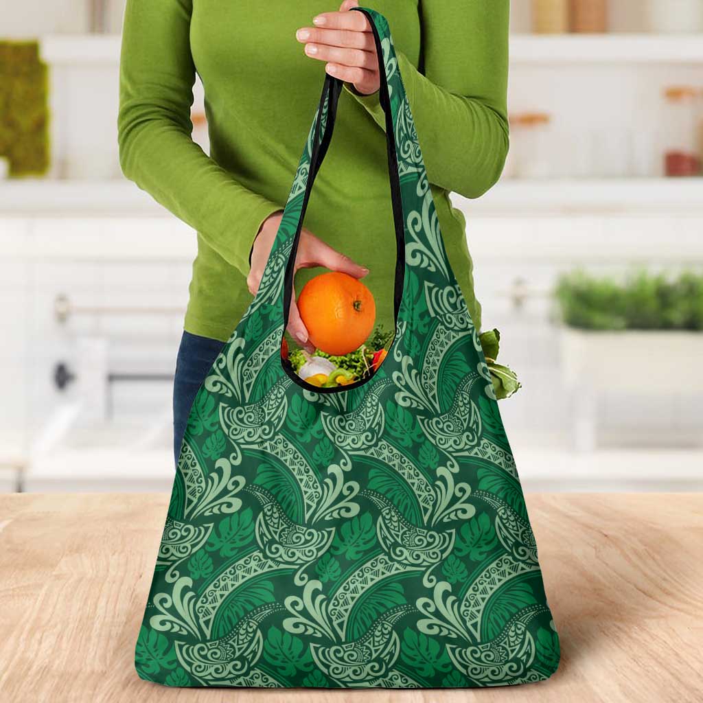 Forest Green Monstera Grocery Bag Polynesian Tribal Pattern - Polynesian Pride