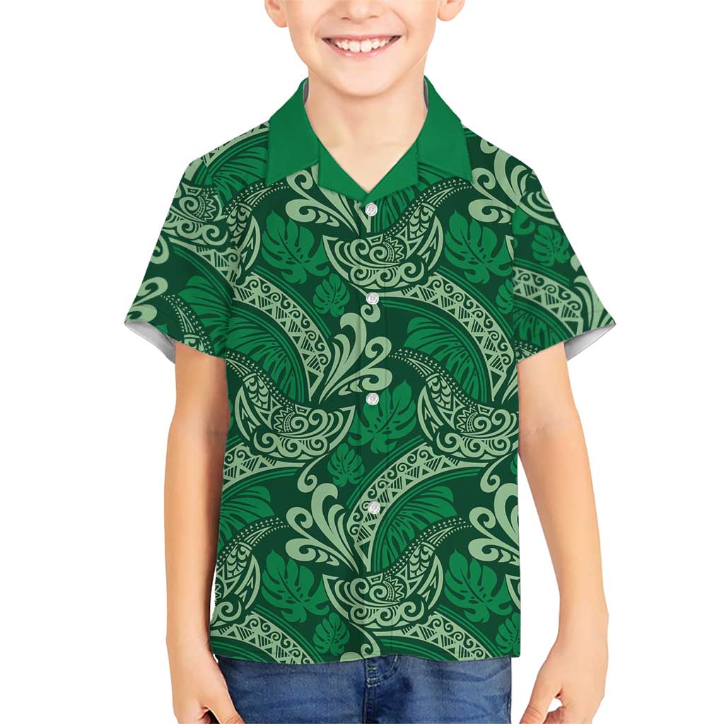 Forest Green Monstera Hawaiian Shirt Polynesian Tribal Pattern - Polynesian Pride