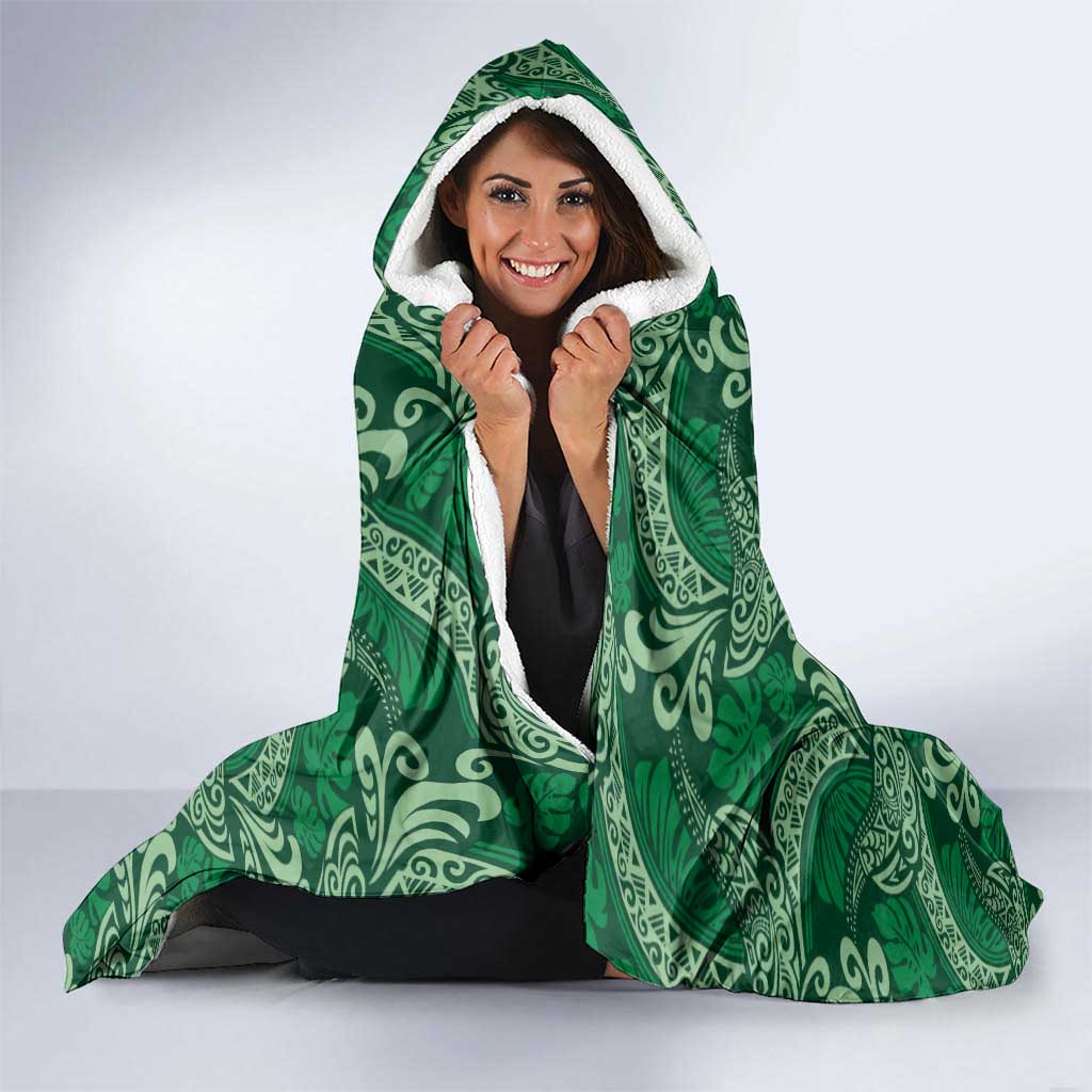 Forest Green Monstera Hooded Blanket Polynesian Tribal Pattern - Polynesian Pride