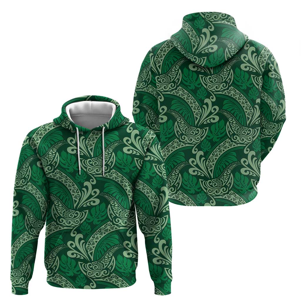 Forest Green Monstera Hoodie Polynesian Tribal Pattern - Polynesian Pride