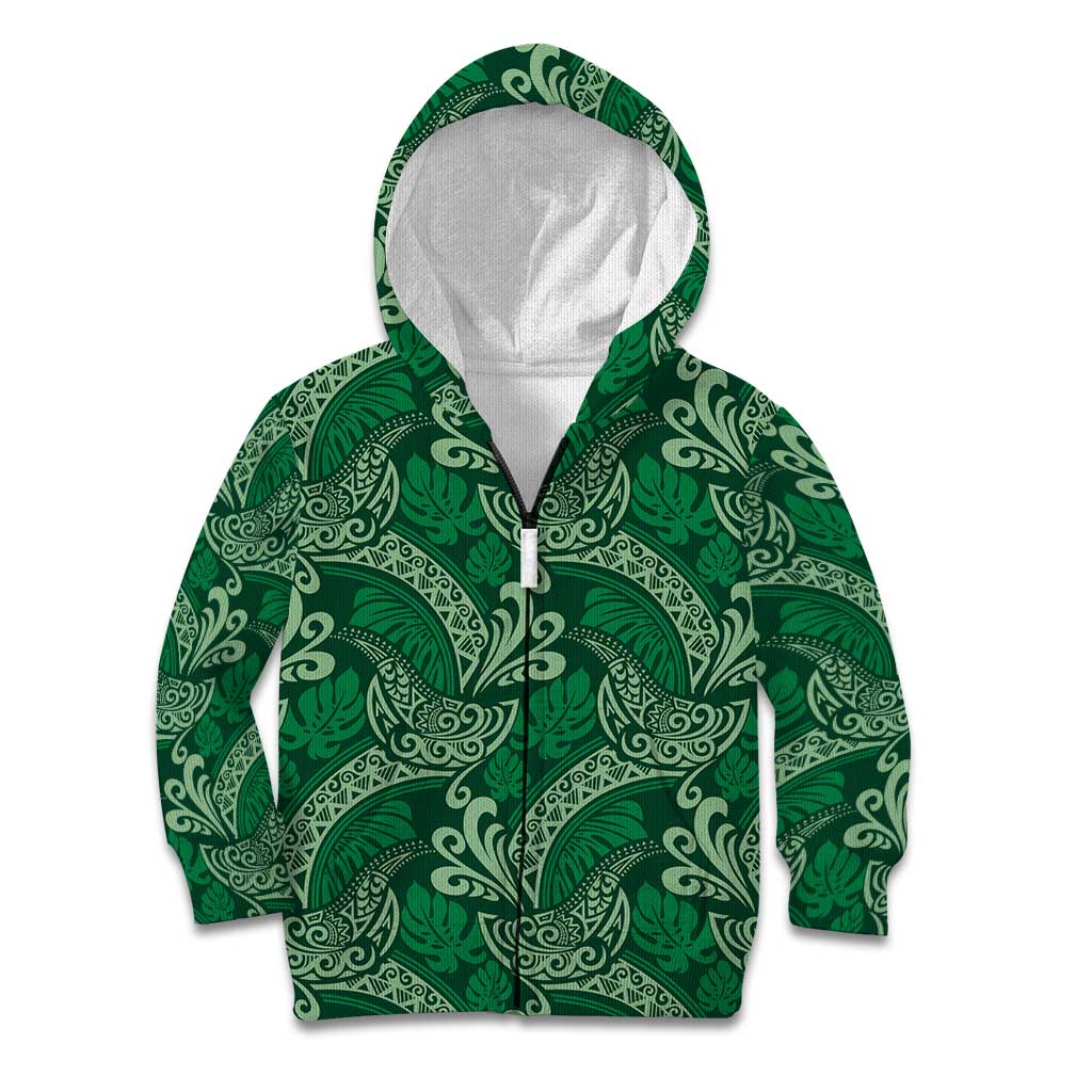 Forest Green Monstera Kid Hoodie Polynesian Tribal Pattern - Polynesian Pride