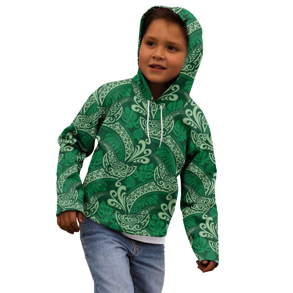 Forest Green Monstera Kid Hoodie Polynesian Tribal Pattern - Polynesian Pride