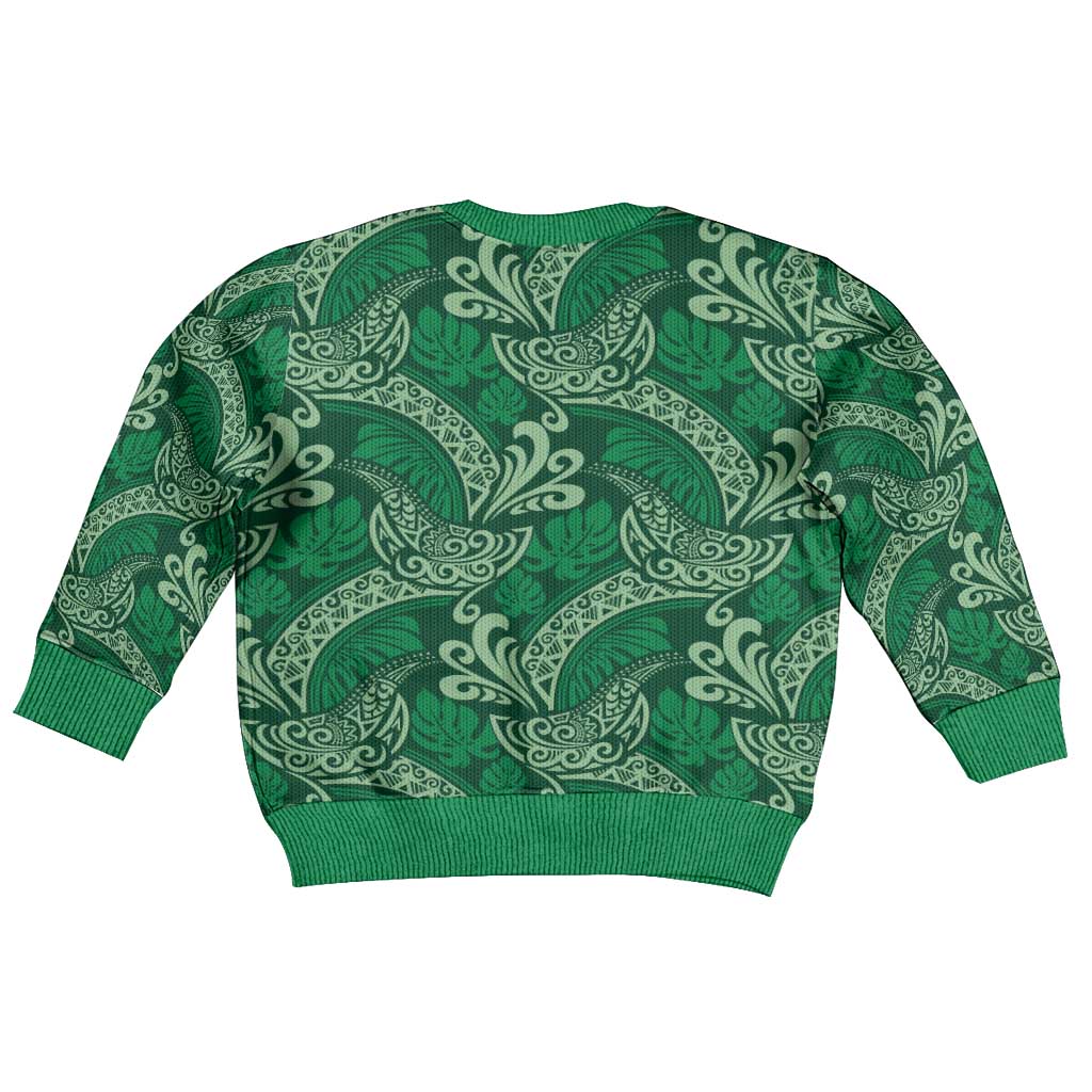 Forest Green Monstera Kid Ugly Christmas Sweater Polynesian Tribal Pattern - Polynesian Pride
