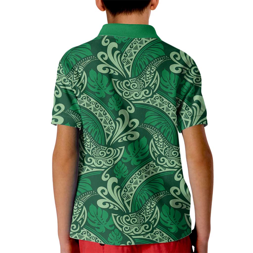 Forest Green Monstera Kid Polo Shirt Polynesian Tribal Pattern - Polynesian Pride