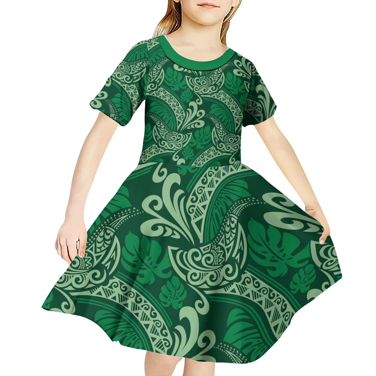 Forest Green Monstera Kid Short Sleeve Dress Polynesian Tribal Pattern - Polynesian Pride