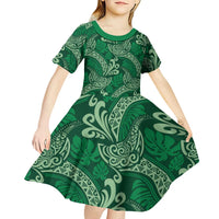 Forest Green Monstera Kid Short Sleeve Dress Polynesian Tribal Pattern - Polynesian Pride