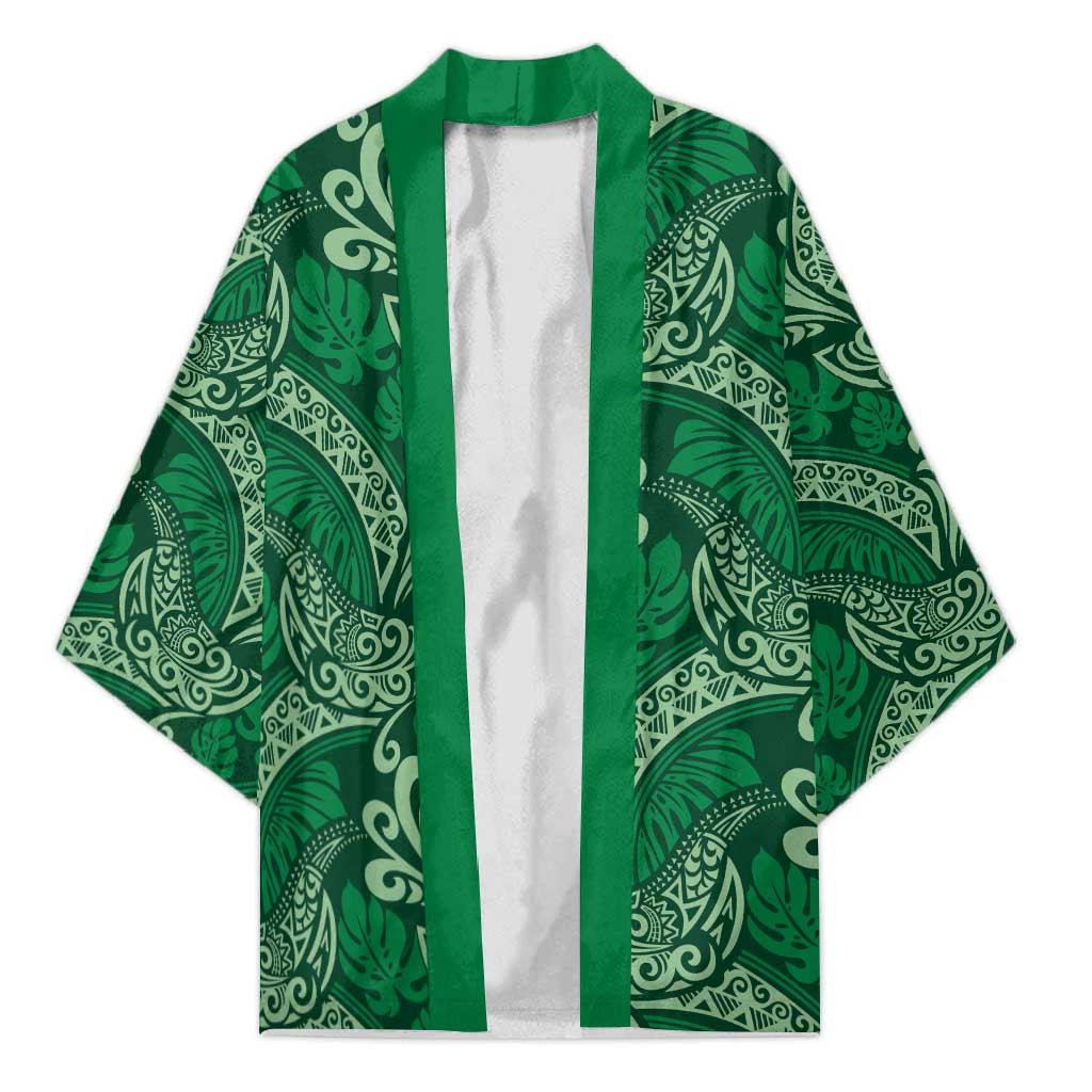 Forest Green Monstera Kimono Polynesian Tribal Pattern - Polynesian Pride