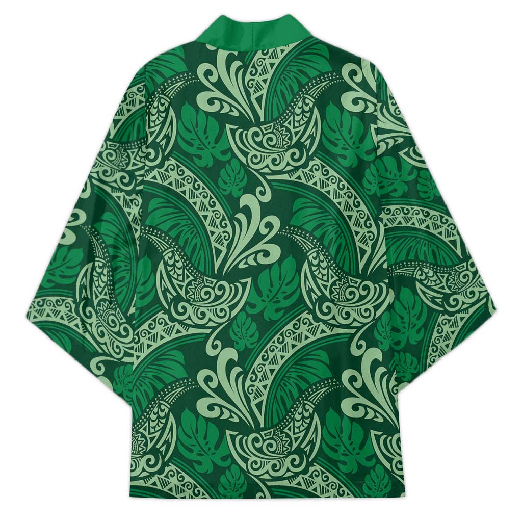 Forest Green Monstera Kimono Polynesian Tribal Pattern - Polynesian Pride