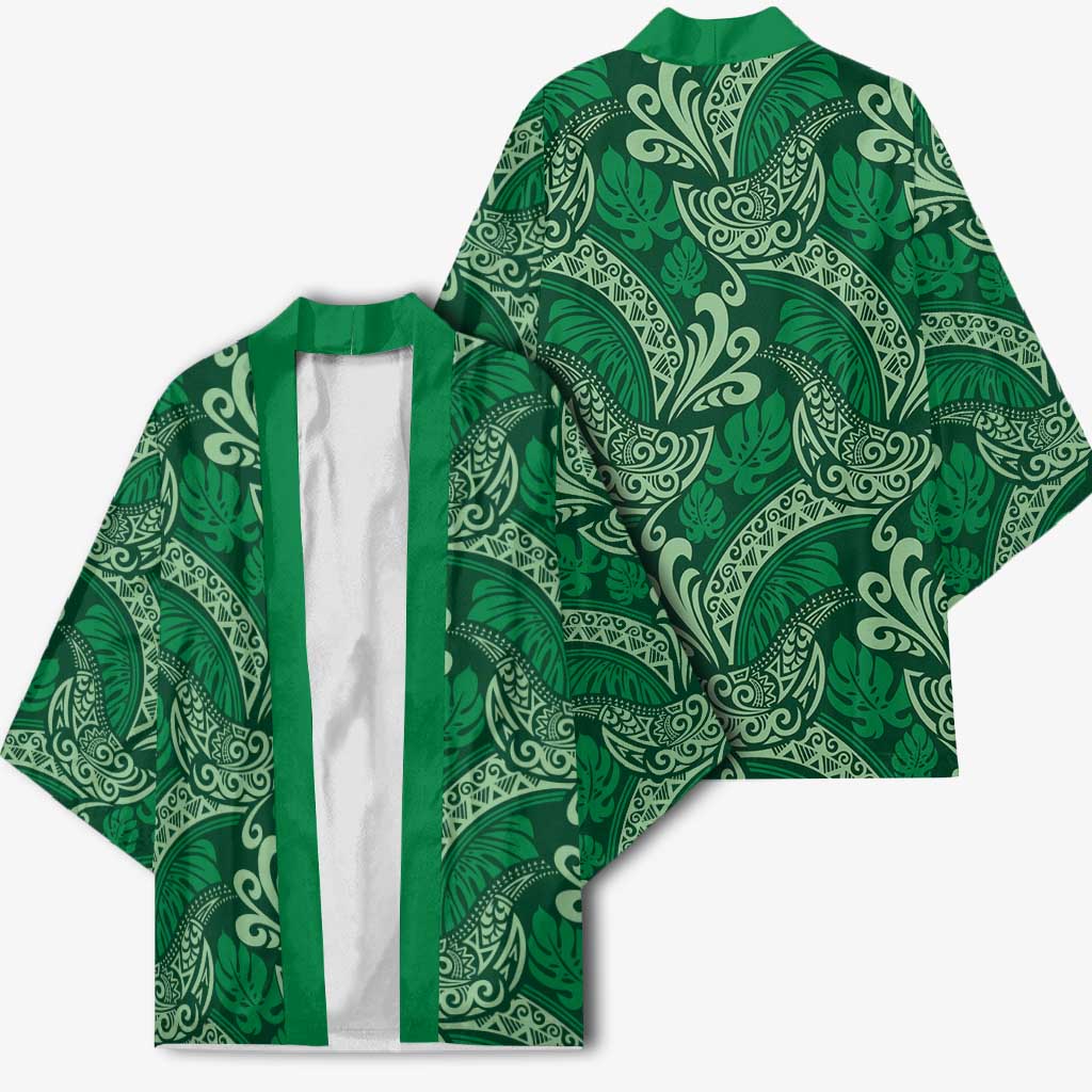 Forest Green Monstera Kimono Polynesian Tribal Pattern - Polynesian Pride