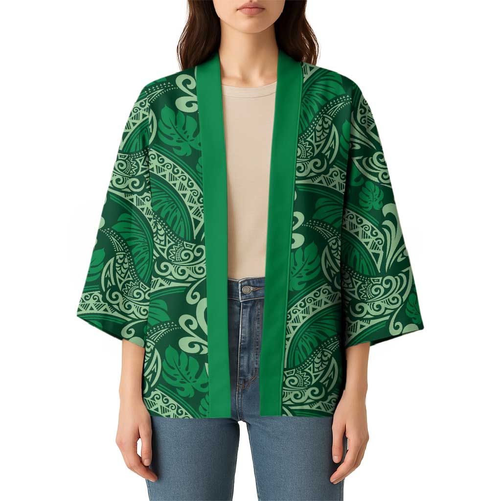 Forest Green Monstera Kimono Polynesian Tribal Pattern - Polynesian Pride