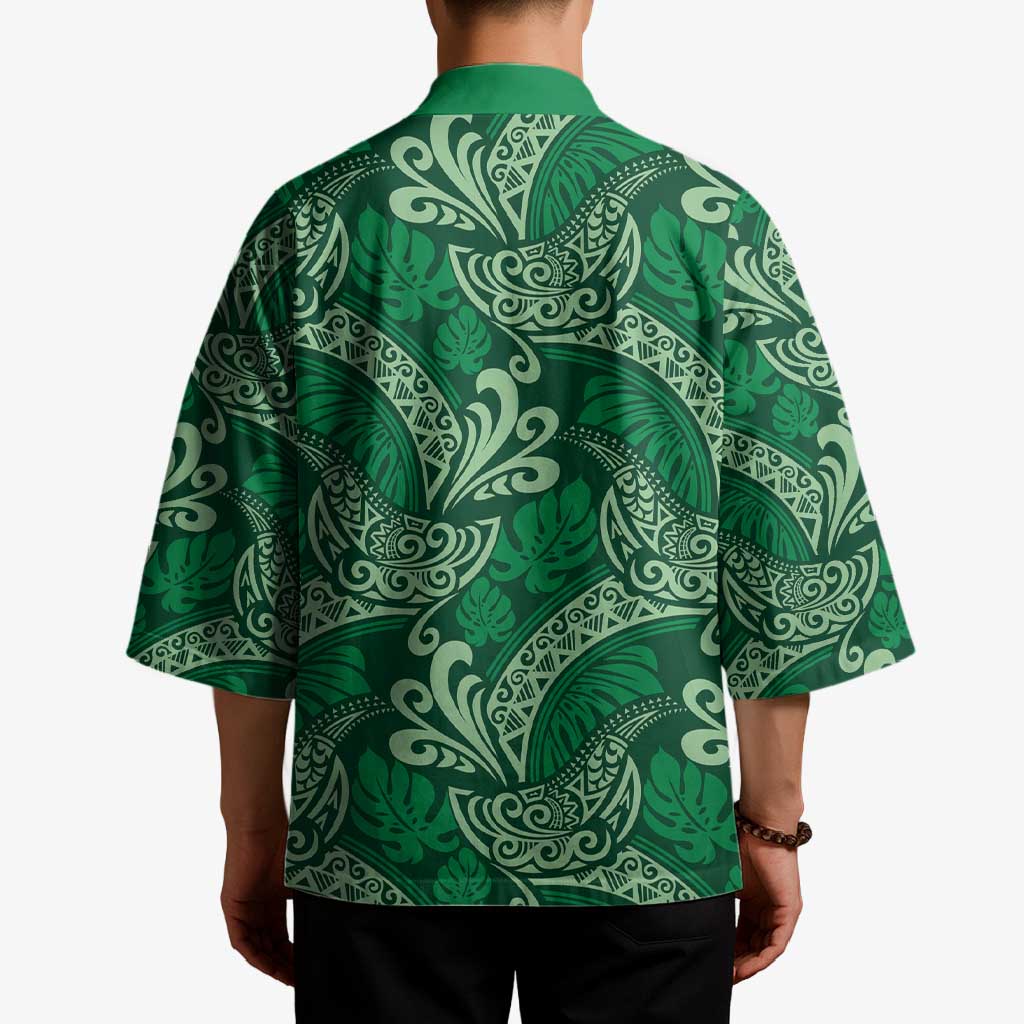 Forest Green Monstera Kimono Polynesian Tribal Pattern - Polynesian Pride