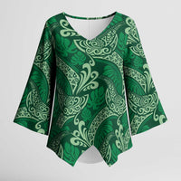 Forest Green Monstera Kimono Sleeve Blouse Polynesian Tribal Pattern - Polynesian Pride