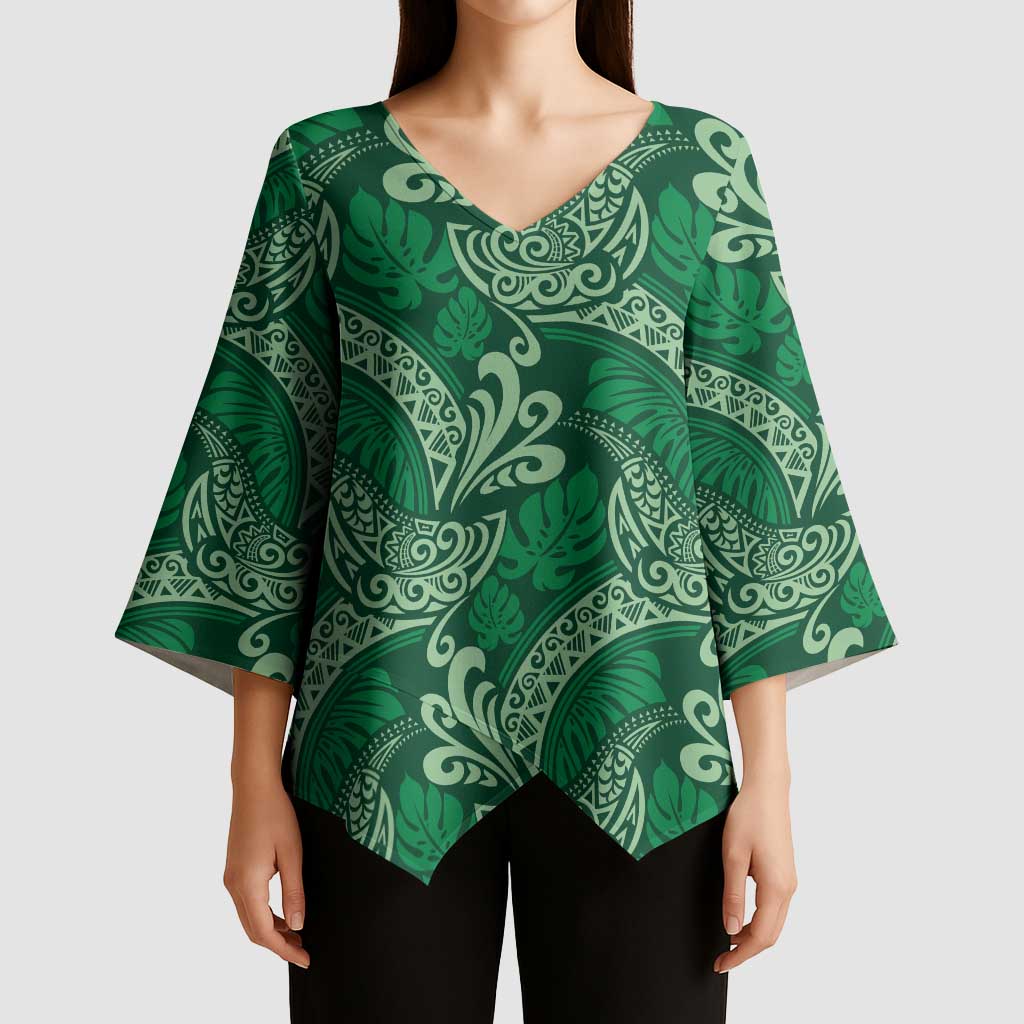 Forest Green Monstera Kimono Sleeve Blouse Polynesian Tribal Pattern - Polynesian Pride
