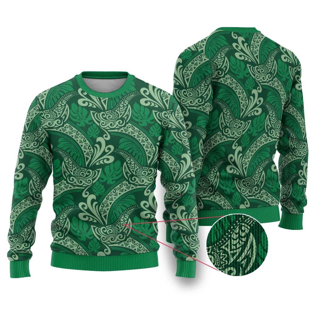 Forest Green Monstera Ugly Christmas Sweater Polynesian Tribal Pattern - Polynesian Pride