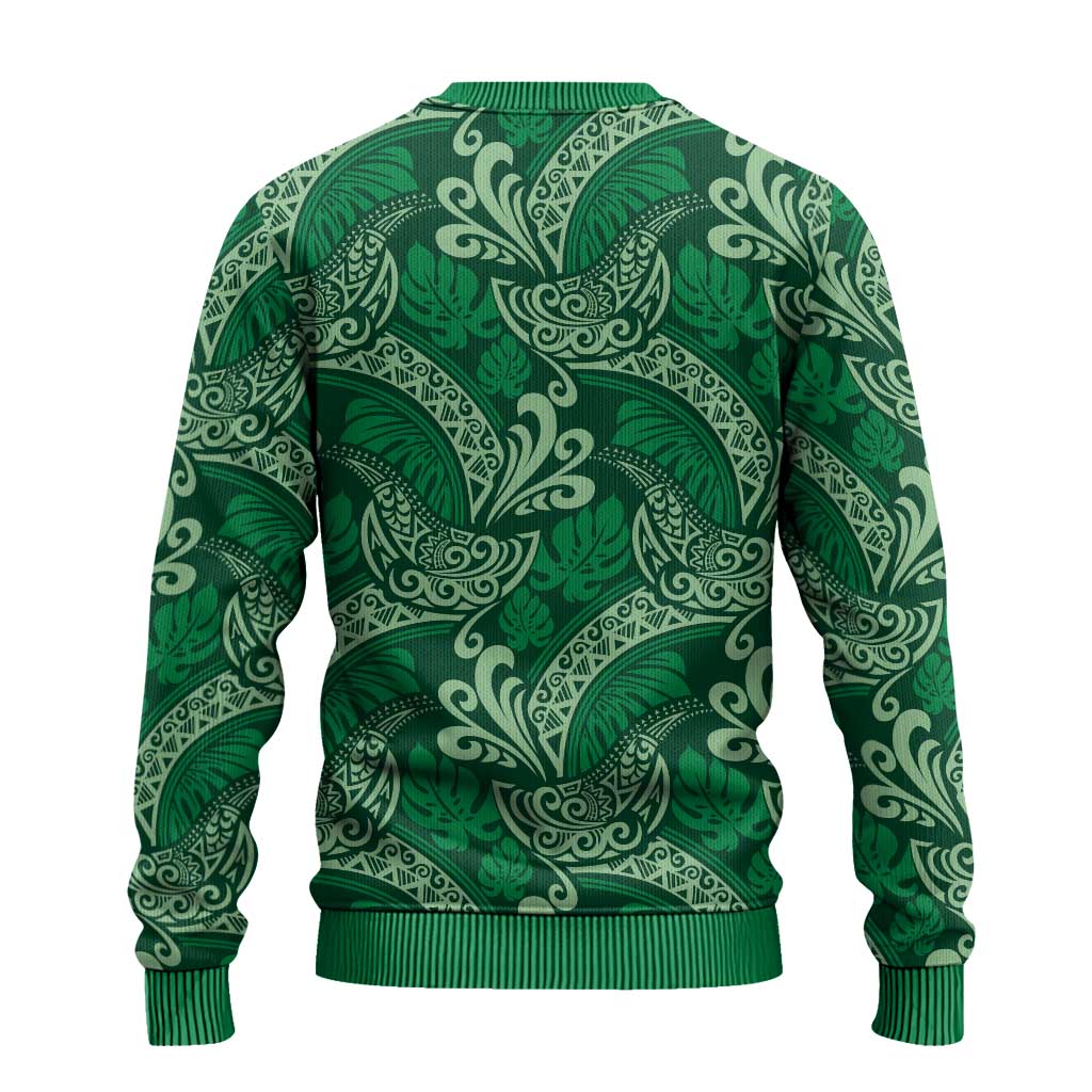 Forest Green Monstera Ugly Christmas Sweater Polynesian Tribal Pattern - Polynesian Pride