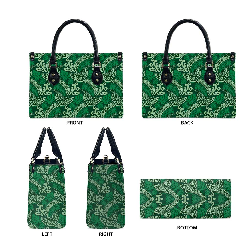 Forest Green Monstera Leather Bag Polynesian Tribal Pattern - Polynesian Pride