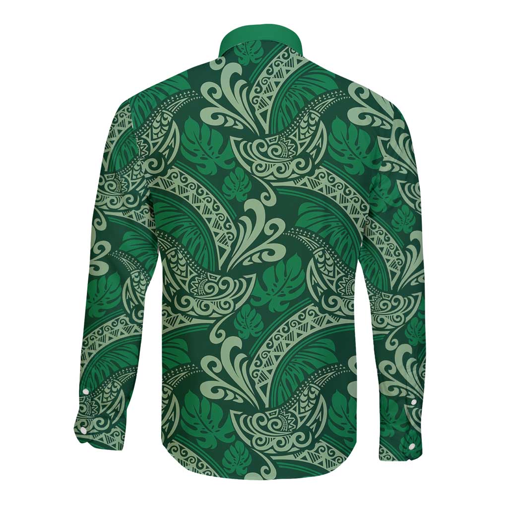 Forest Green Monstera Long Sleeve Button Shirt Polynesian Tribal Pattern - Polynesian Pride