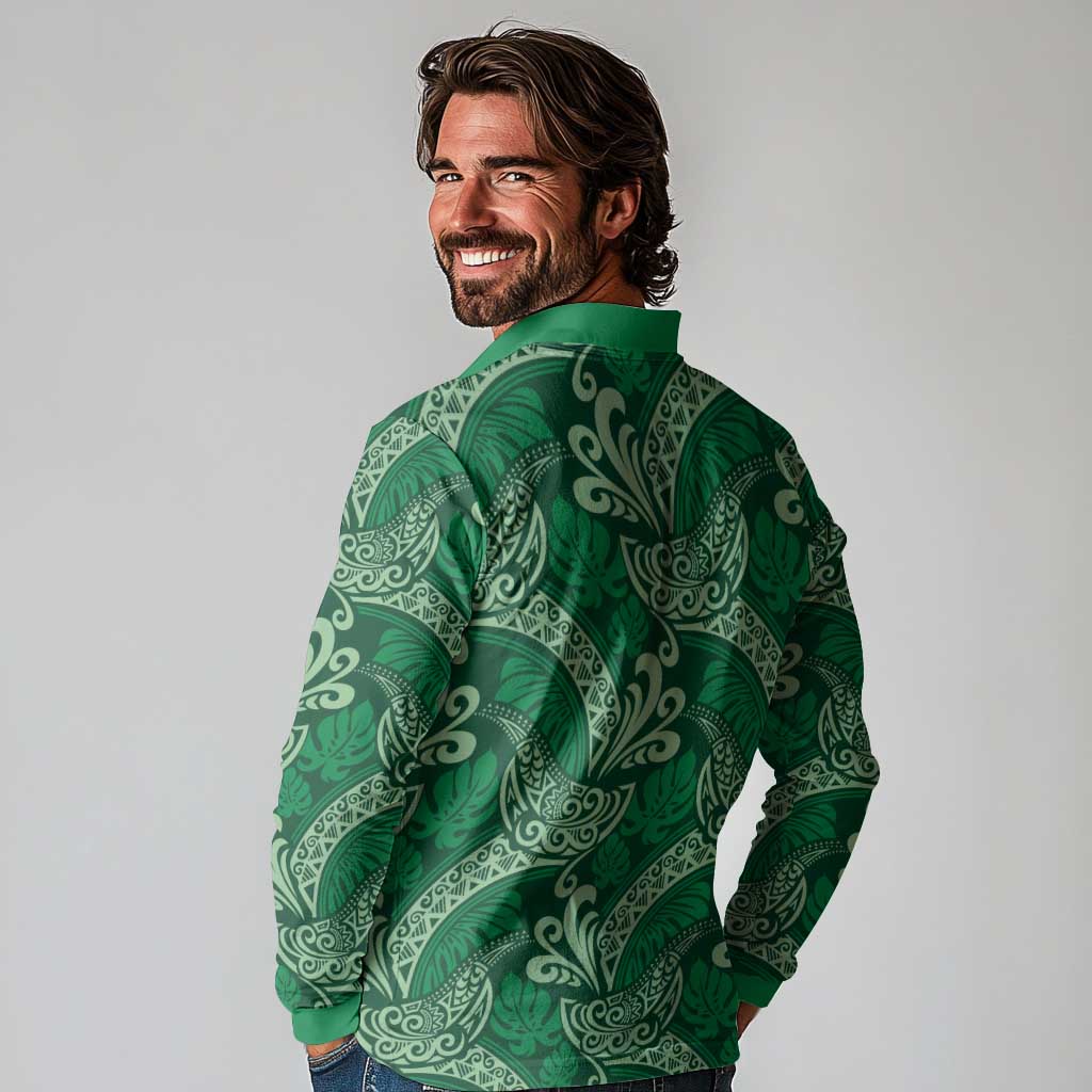 Forest Green Monstera Long Sleeve Polo Shirt Polynesian Tribal Pattern - Polynesian Pride