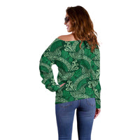 Forest Green Monstera Off Shoulder Sweater Polynesian Tribal Pattern - Polynesian Pride