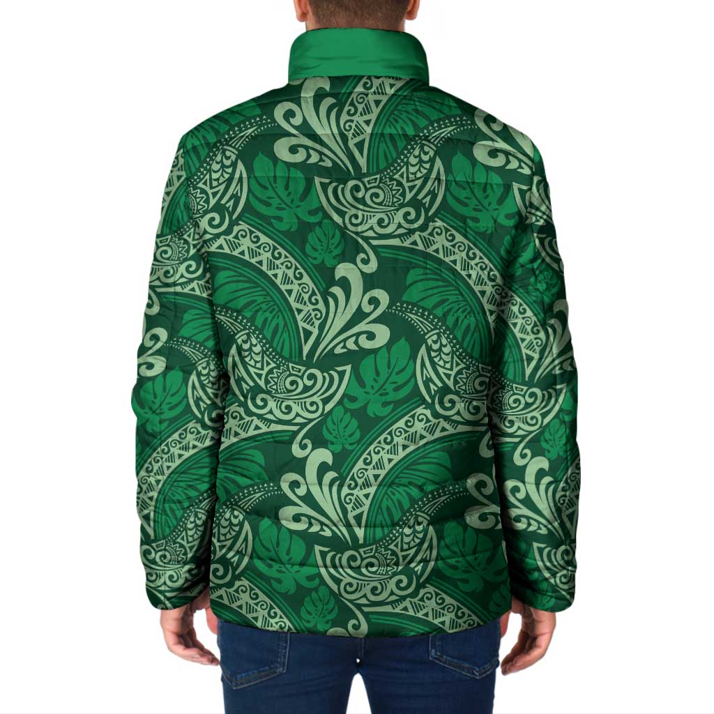 Forest Green Monstera Padded Jacket Polynesian Tribal Pattern - Polynesian Pride