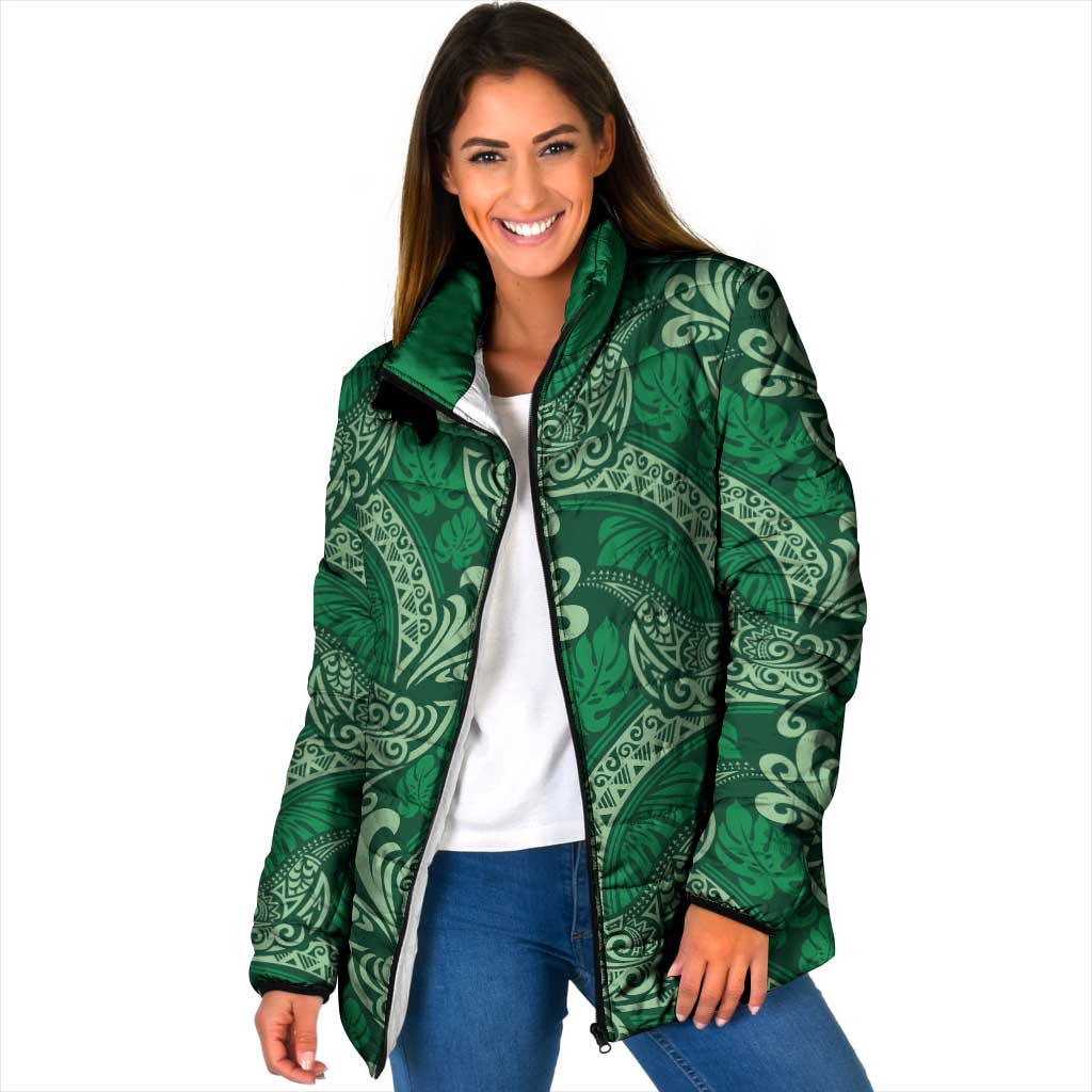 Forest Green Monstera Padded Jacket Polynesian Tribal Pattern - Polynesian Pride