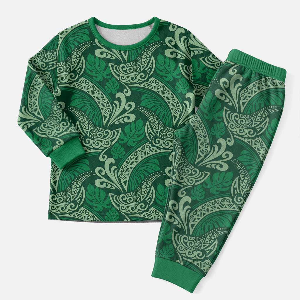 Forest Green Monstera Christmas Pajama Set Polynesian Tribal Pattern - Polynesian Pride