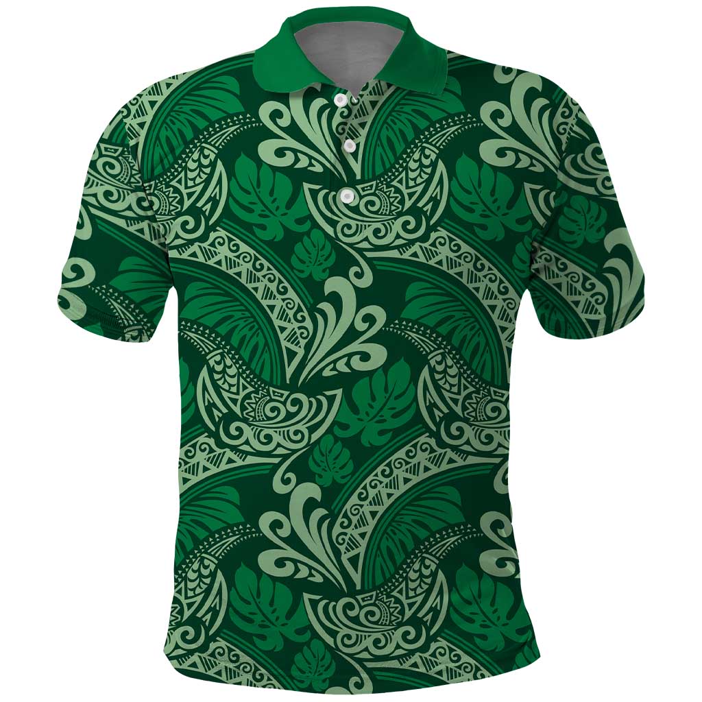 Forest Green Monstera Polo Shirt Polynesian Tribal Pattern - Polynesian Pride