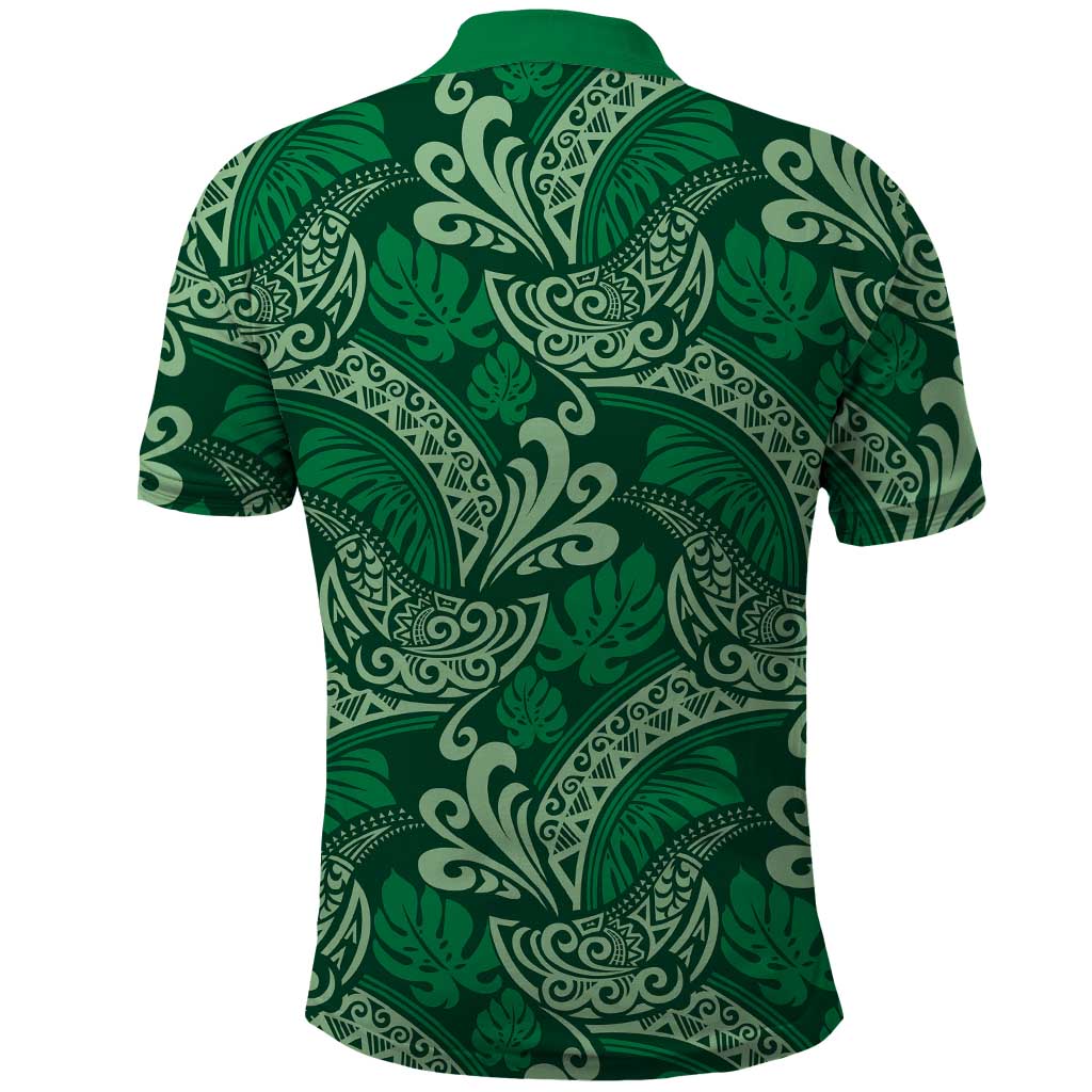 Forest Green Monstera Polo Shirt Polynesian Tribal Pattern - Polynesian Pride