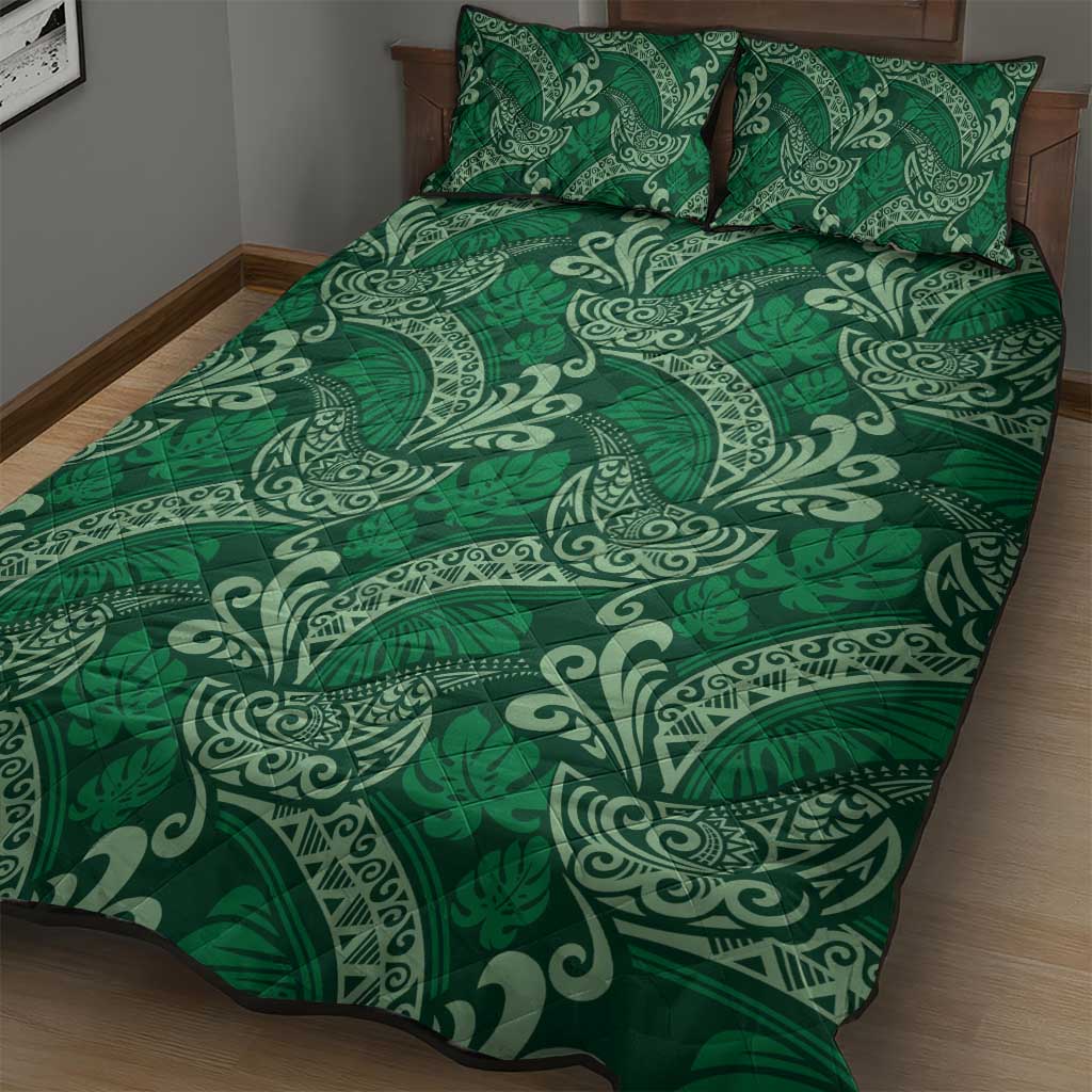 Forest Green Monstera Quilt Bed Set Polynesian Tribal Pattern - Polynesian Pride