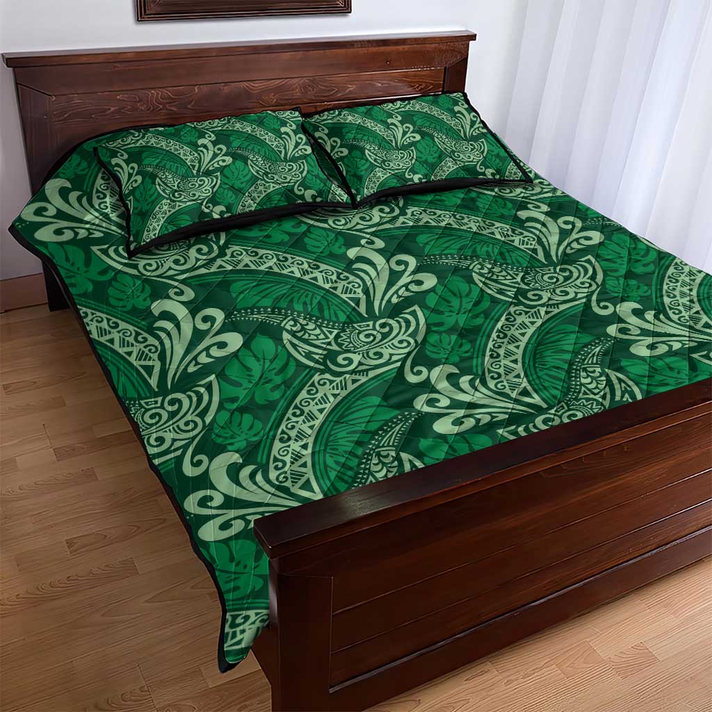 Forest Green Monstera Quilt Bed Set Polynesian Tribal Pattern - Polynesian Pride