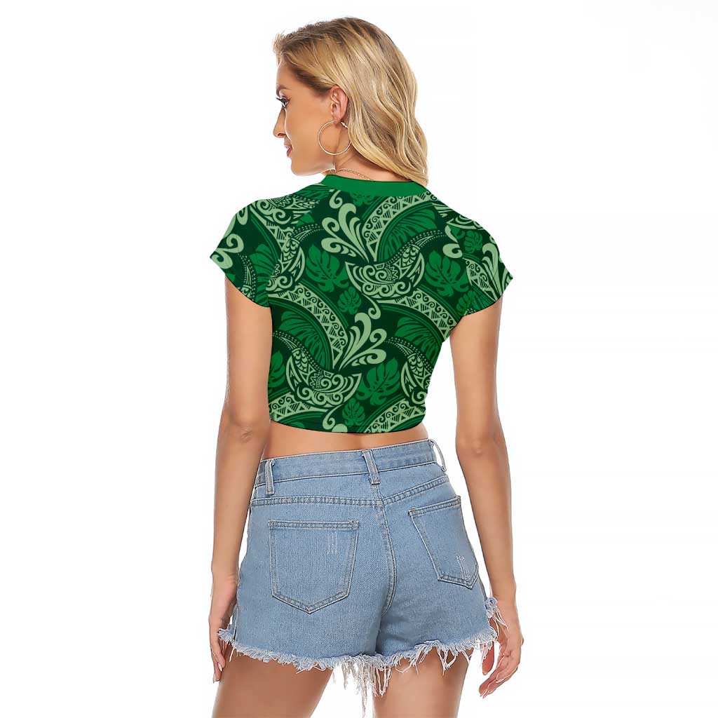 Forest Green Monstera Raglan Cropped T Shirt Polynesian Tribal Pattern - Polynesian Pride