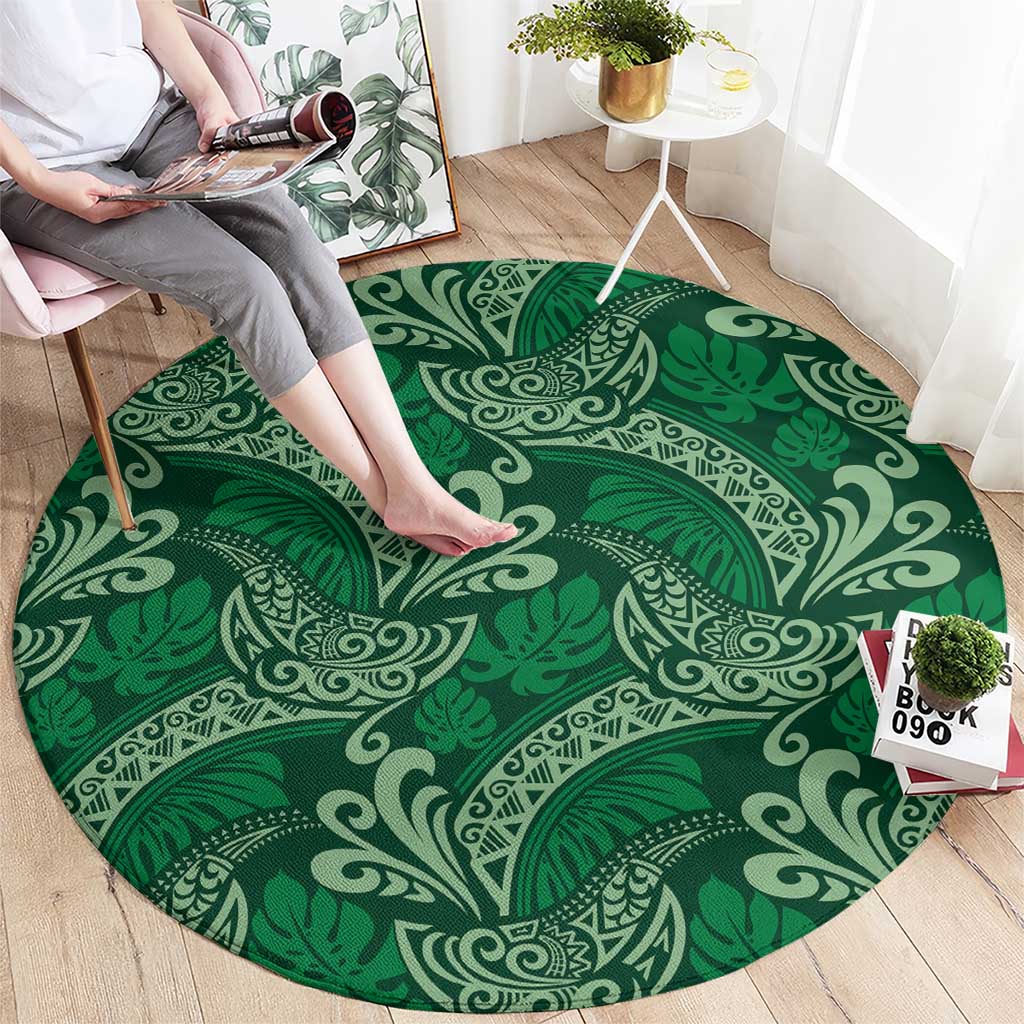 Forest Green Monstera Round Carpet Polynesian Tribal Pattern - Polynesian Pride