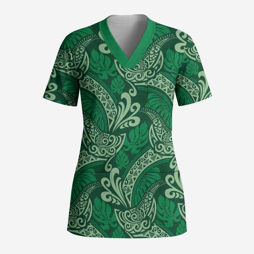 Forest Green Monstera Scrub Top Polynesian Tribal Pattern - Polynesian Pride
