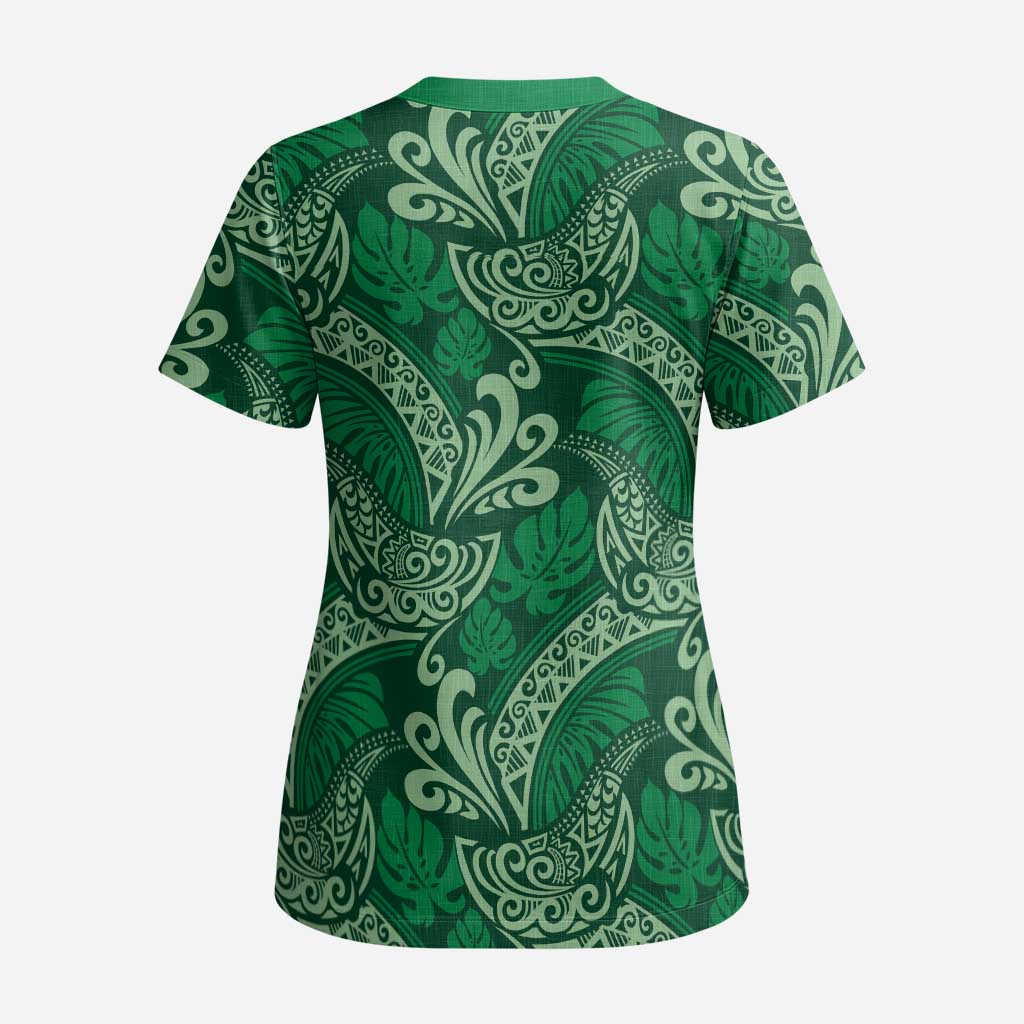 Forest Green Monstera Scrub Top Polynesian Tribal Pattern - Polynesian Pride