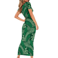Forest Green Monstera Short Sleeve Bodycon Dress Polynesian Tribal Pattern - Polynesian Pride