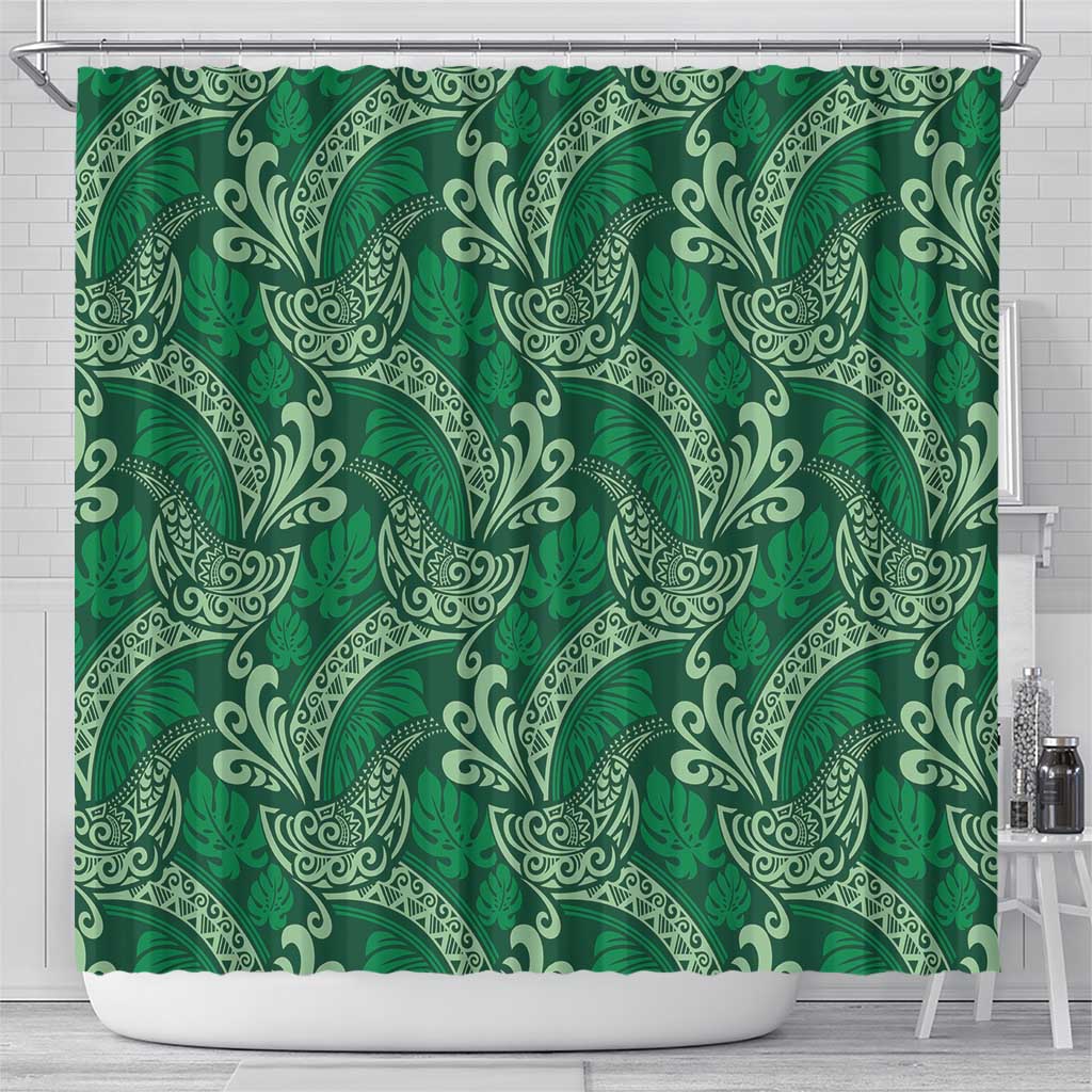 Forest Green Monstera Shower Curtain Polynesian Tribal Pattern - Polynesian Pride