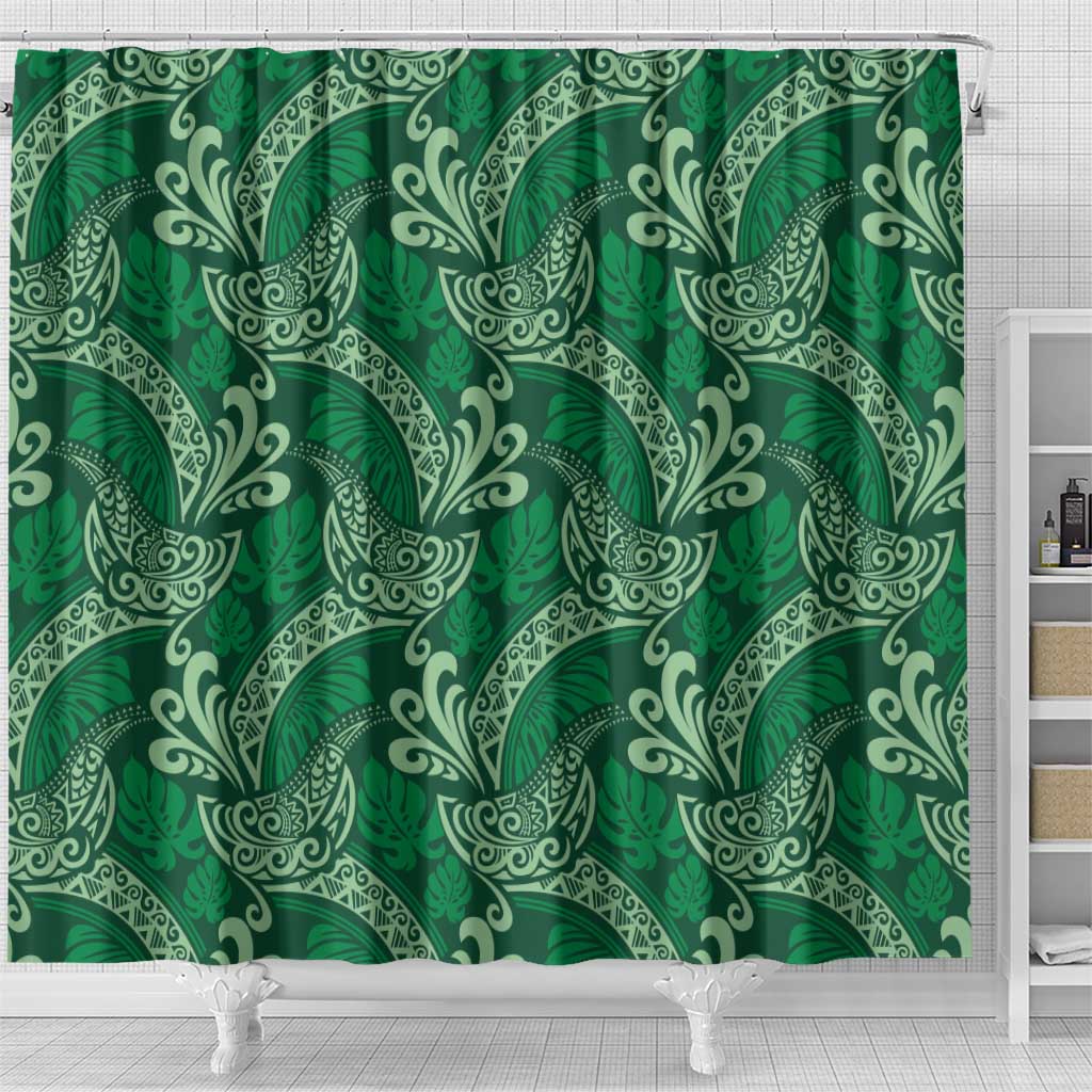 Forest Green Monstera Shower Curtain Polynesian Tribal Pattern - Polynesian Pride
